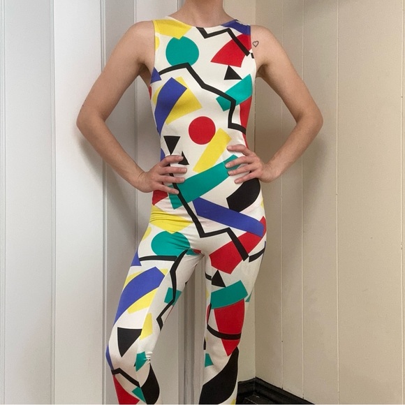 Vintage 90s Stretchy Bright Quirky Graphic Geometric Multicolor Jumpsuit - Picture 2 of 12